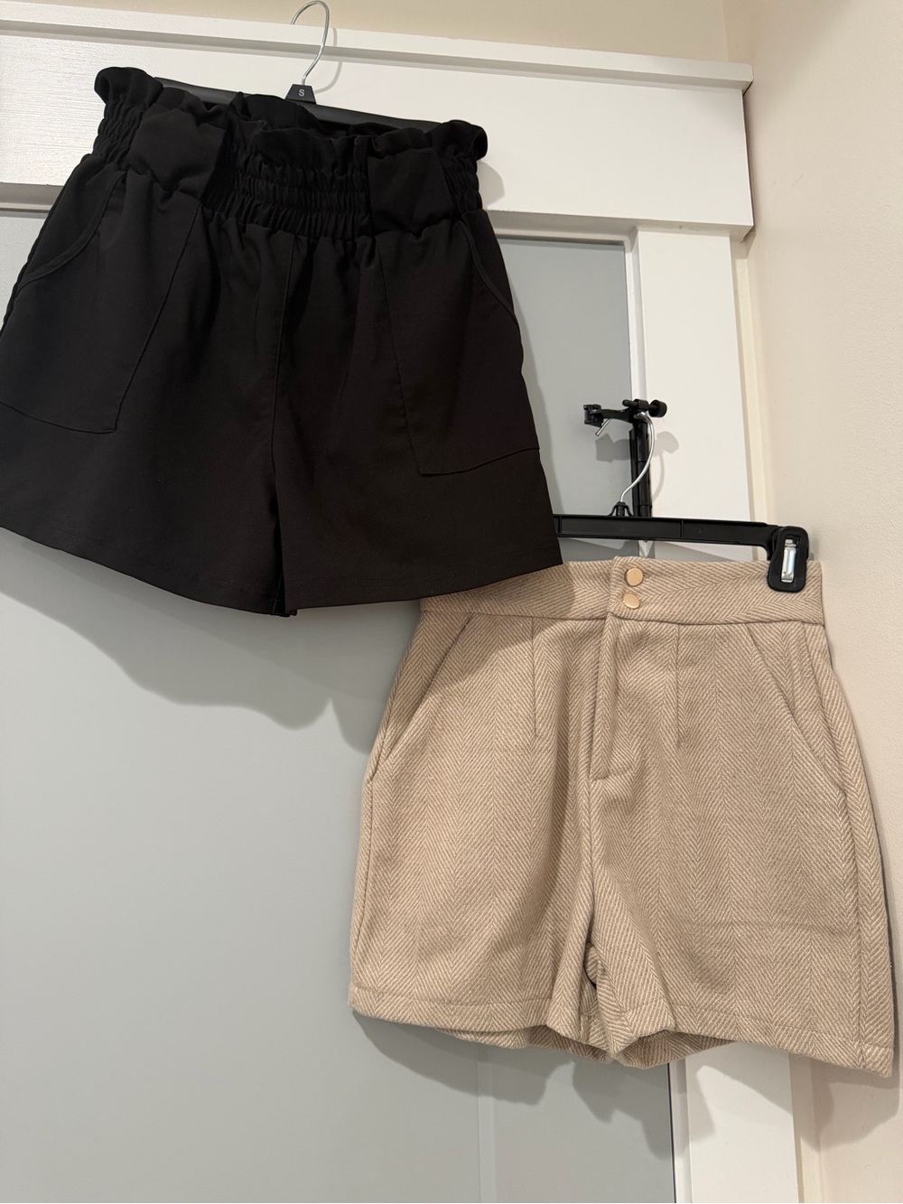 Black Paperbag Shorts & Beige Herringbone High-Waist Shorts